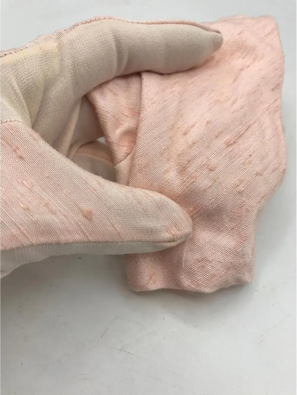 Vintage Pink Shortie Gloves: Faux Raw Silk, Rayon Wrist Length, Size 7